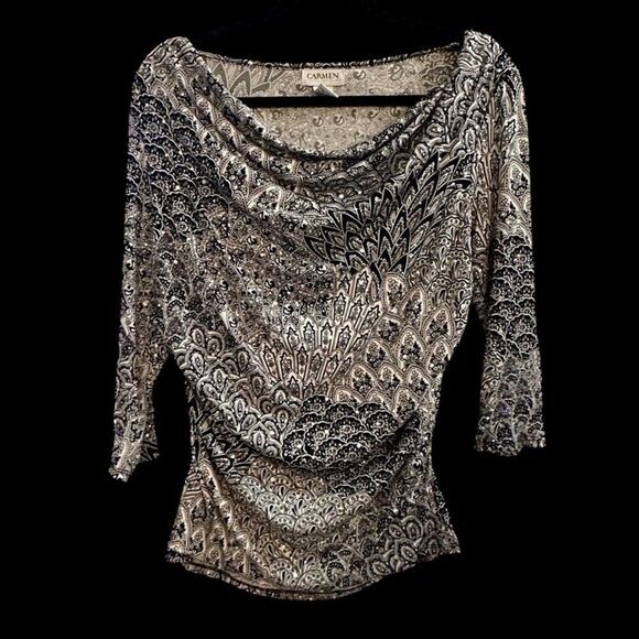 Carmen Marc Valvo Signature Draped Front Blouse Black & White Sequin Sz L - Picture 1 of 4